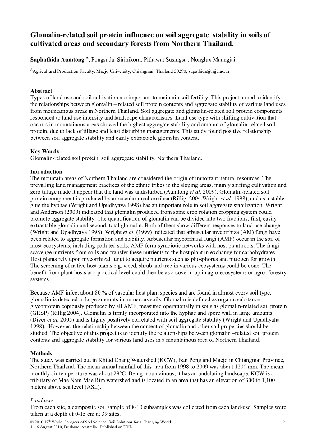 Glomalin-Related Soil Protein Influence on Soil Aggregate Stability in Soils of Cultivated Areas and Secondary Forests from Northern Thailand