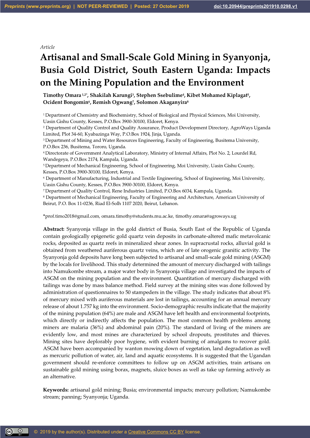 Artisanal and Small-Scale Gold Mining in Syanyonja, Busia Gold District, South Eastern Uganda: Impacts on the Mining Population and the Environment