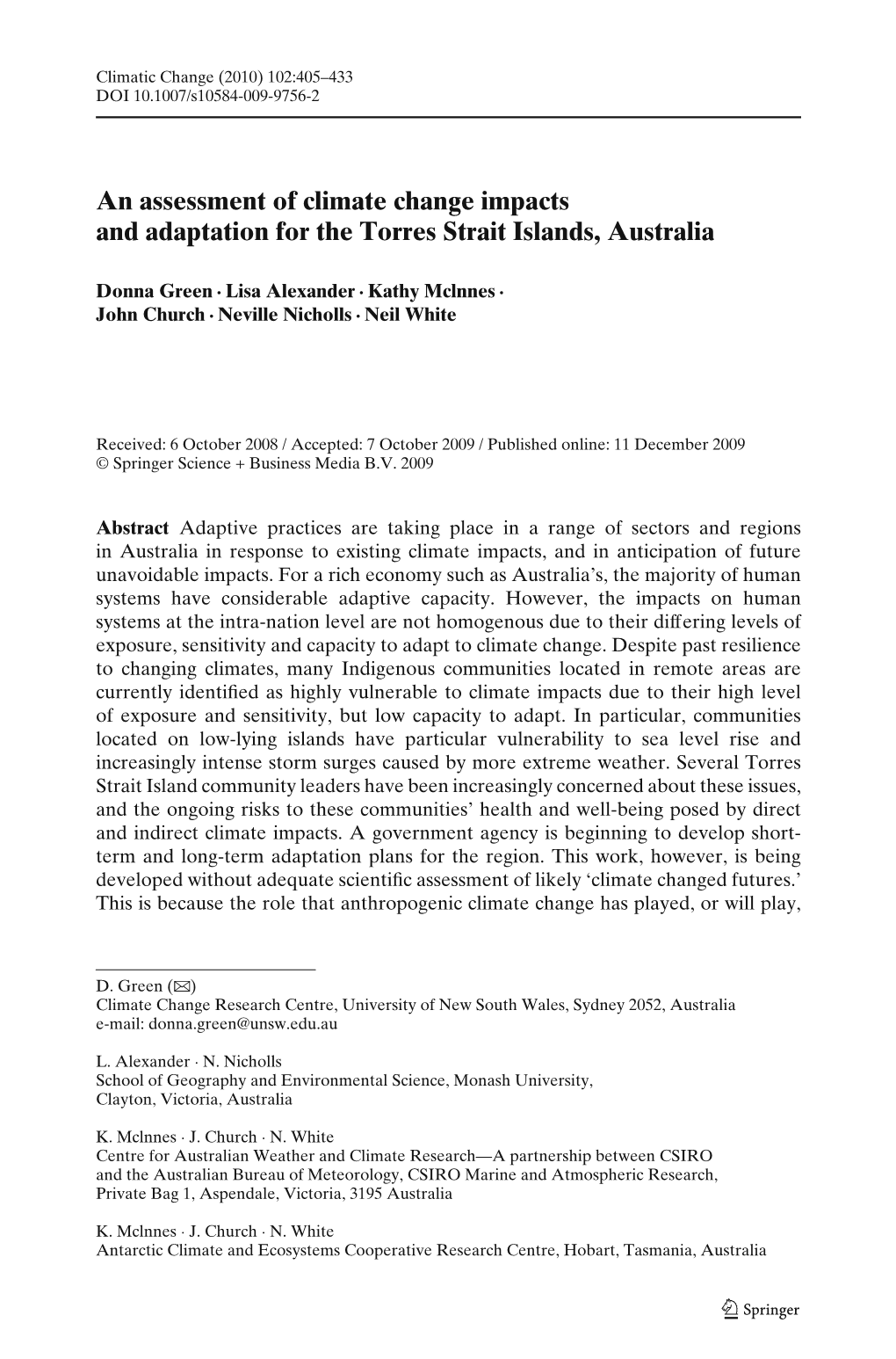 An Assessment of Climate Change Impacts and Adaptation for the Torres Strait Islands, Australia