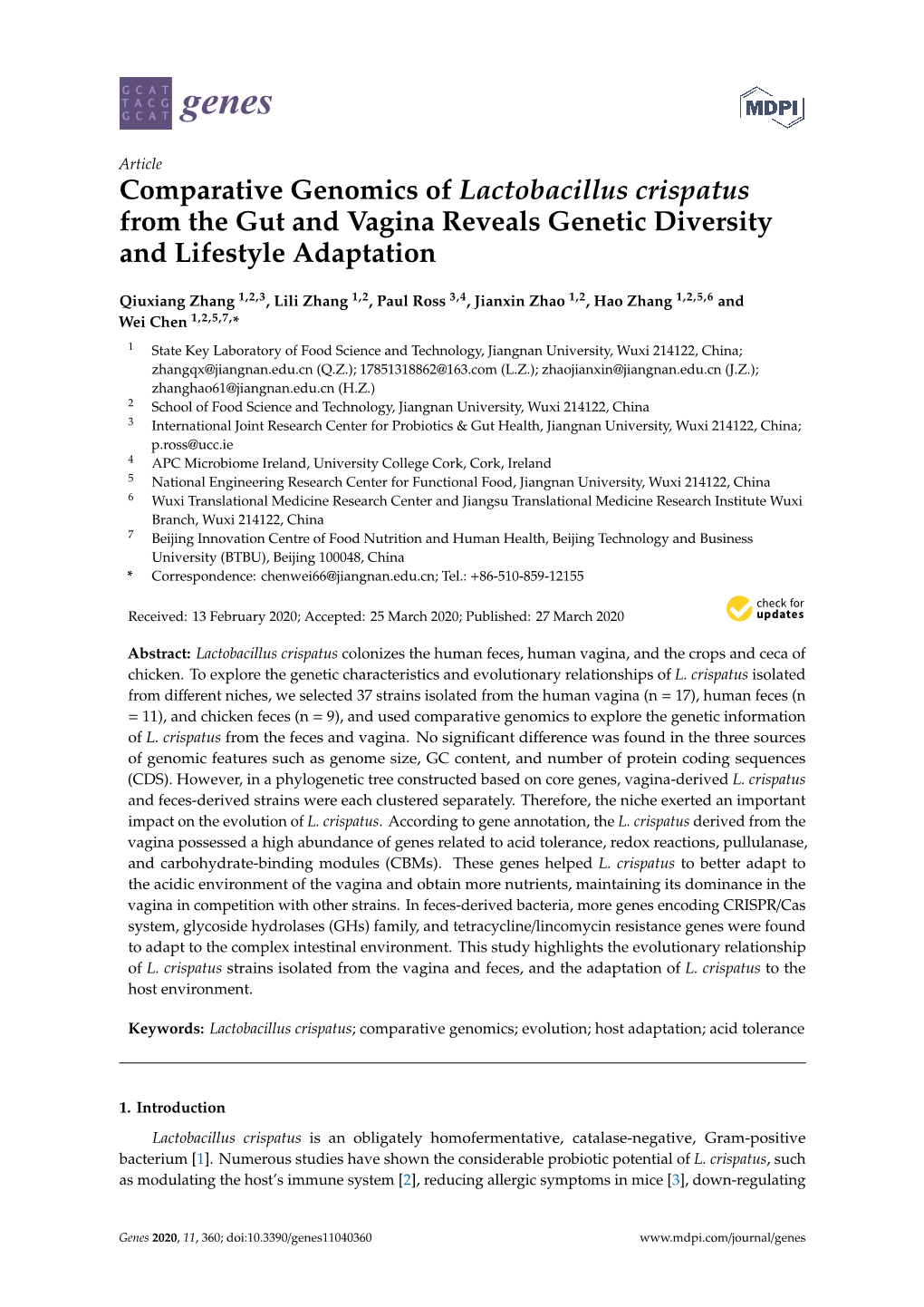 Comparative Genomics of Lactobacillus Crispatus from the Gut and Vagina Reveals Genetic Diversity and Lifestyle Adaptation