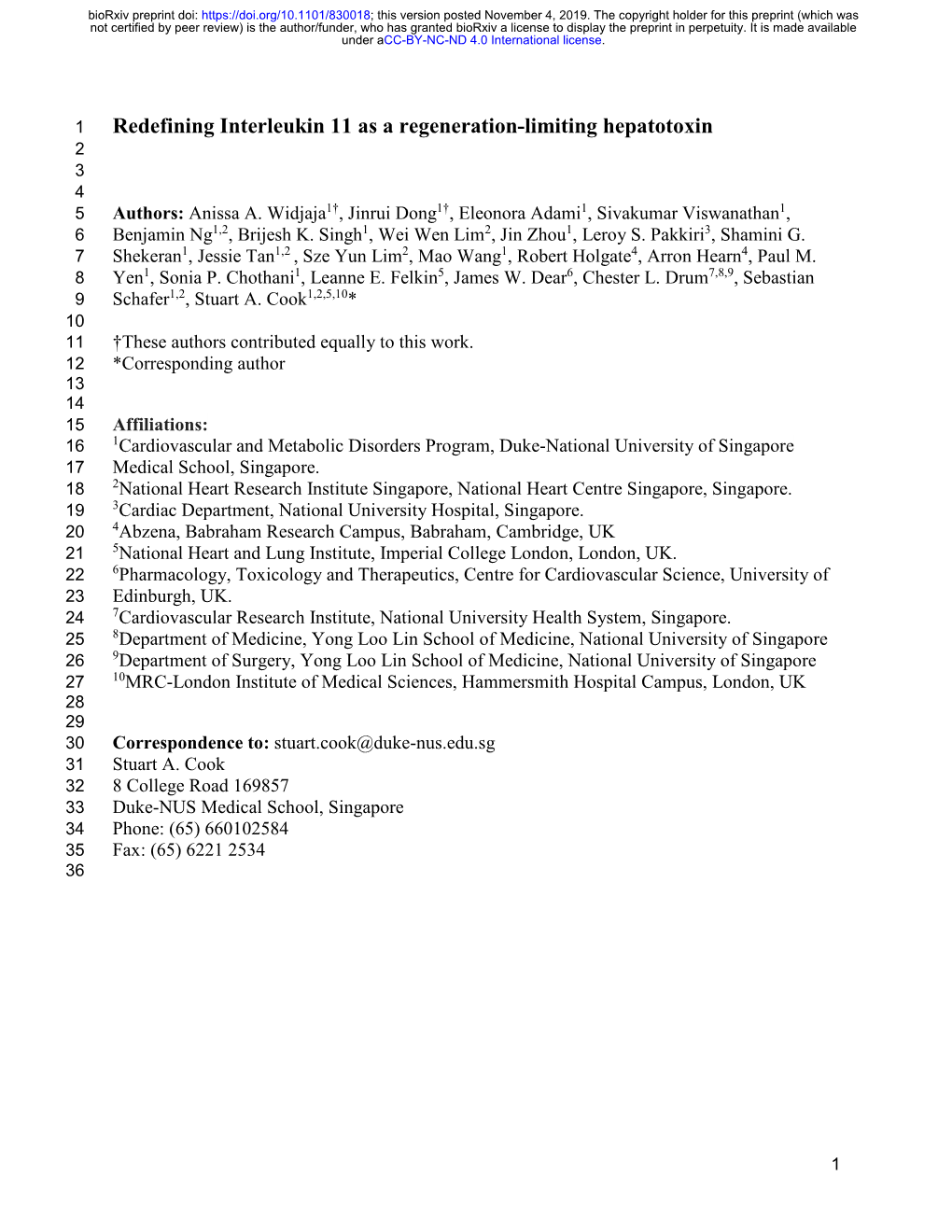 Redefining Interleukin 11 As a Regeneration-Limiting Hepatotoxin 2 3 4 5 Authors: Anissa A