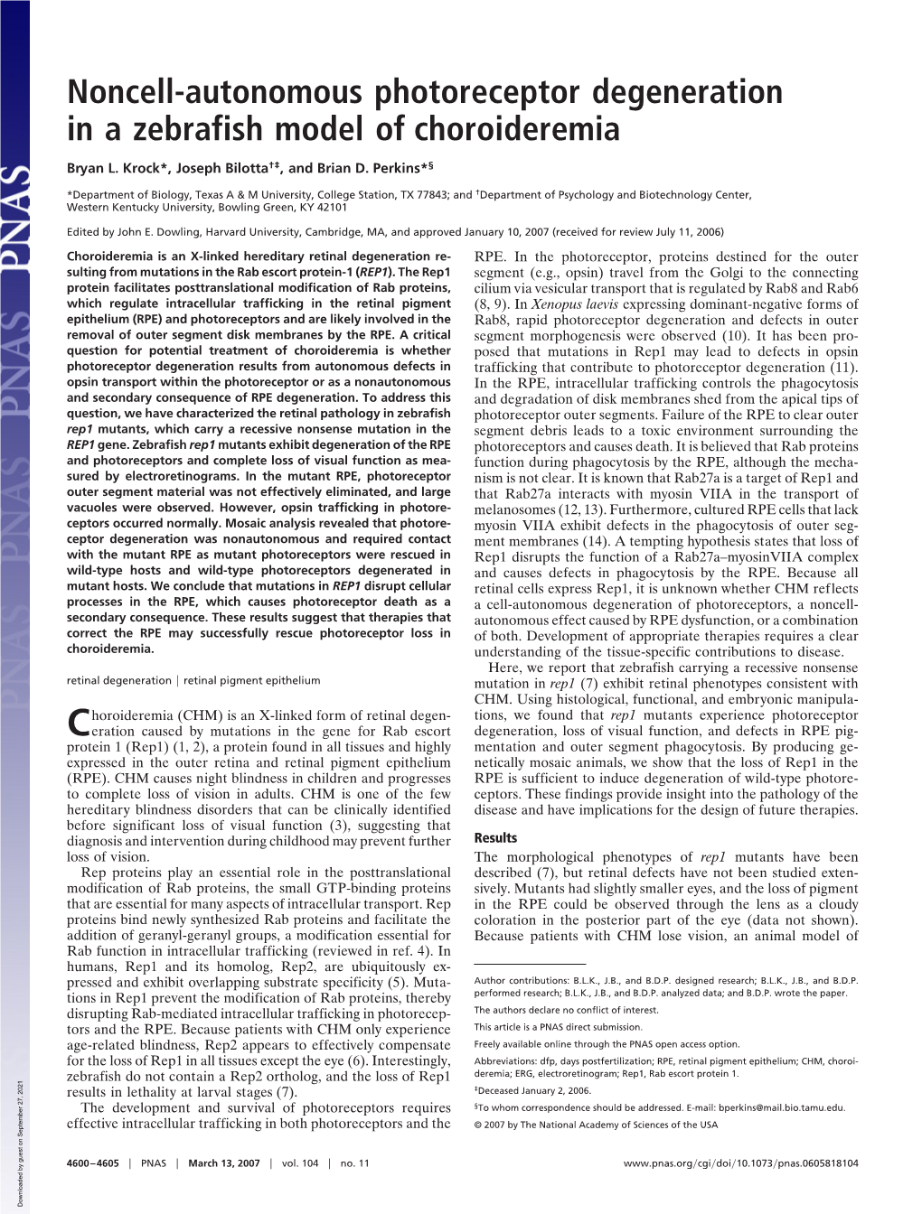Noncell-Autonomous Photoreceptor Degeneration in a Zebrafish Model of Choroideremia
