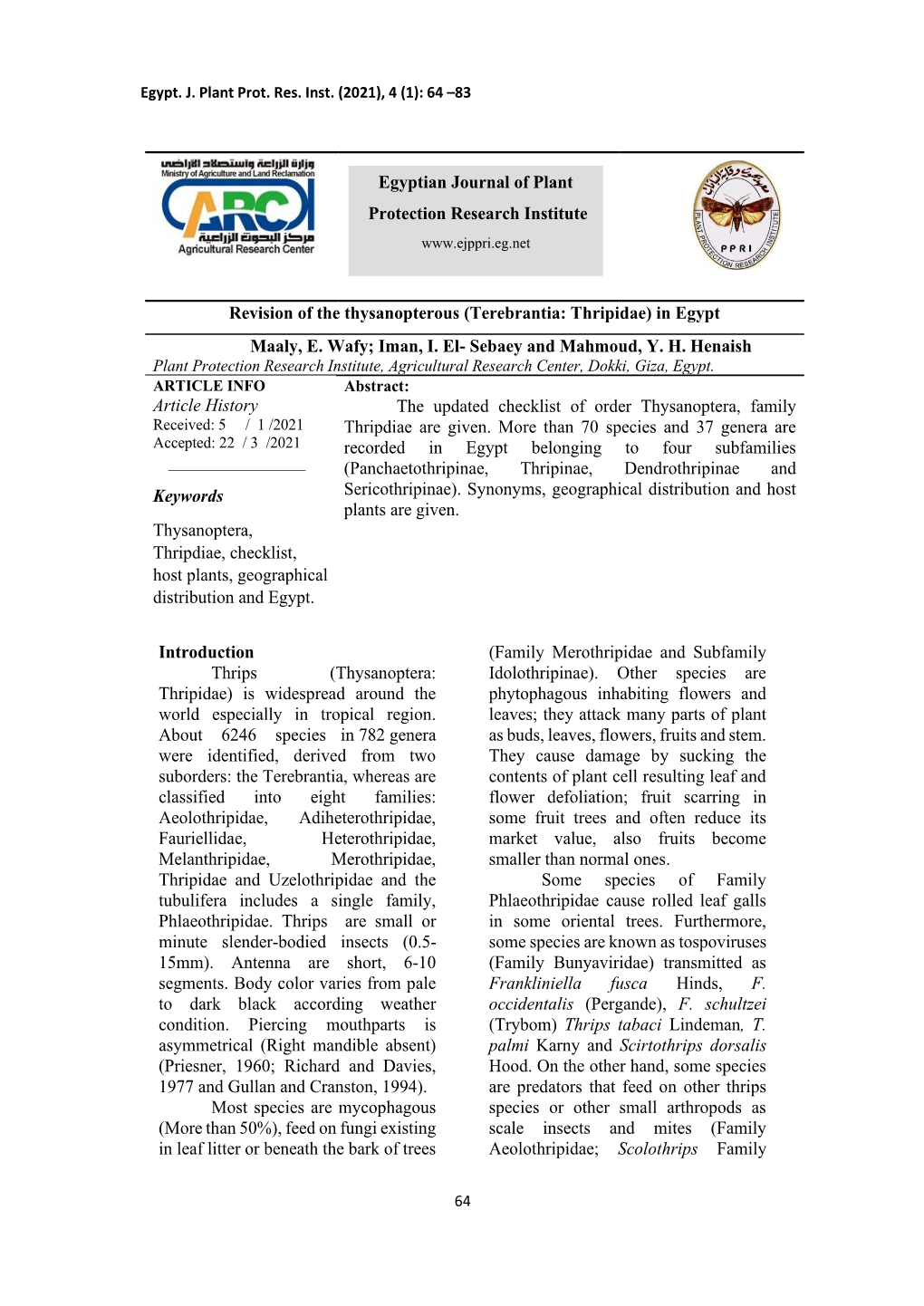 Terebrantia: Thripidae -..::Egyptian Journal of Plant Protection