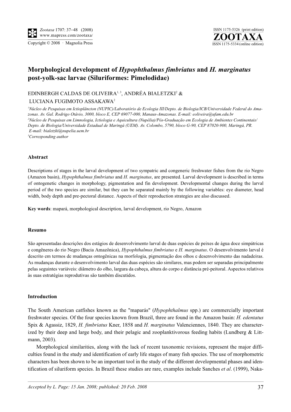 Zootaxa, Morphological Development of Hypophthalmus Fimbriatus and H