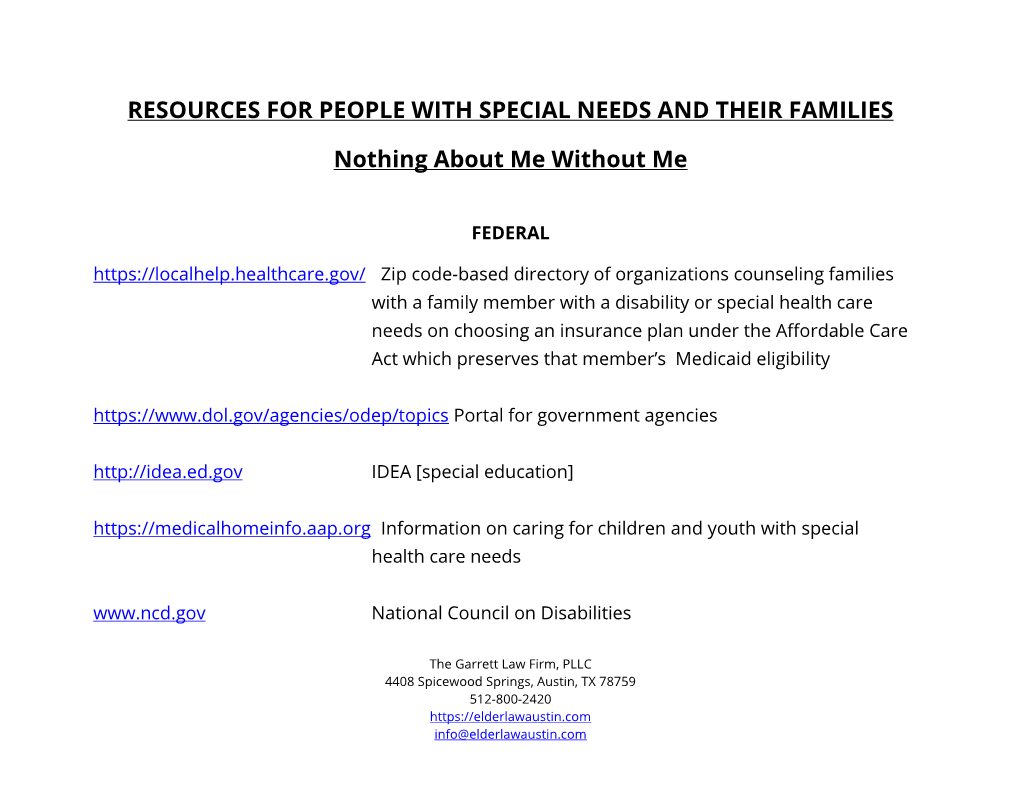 Resources for People with Special Needs and Their Families