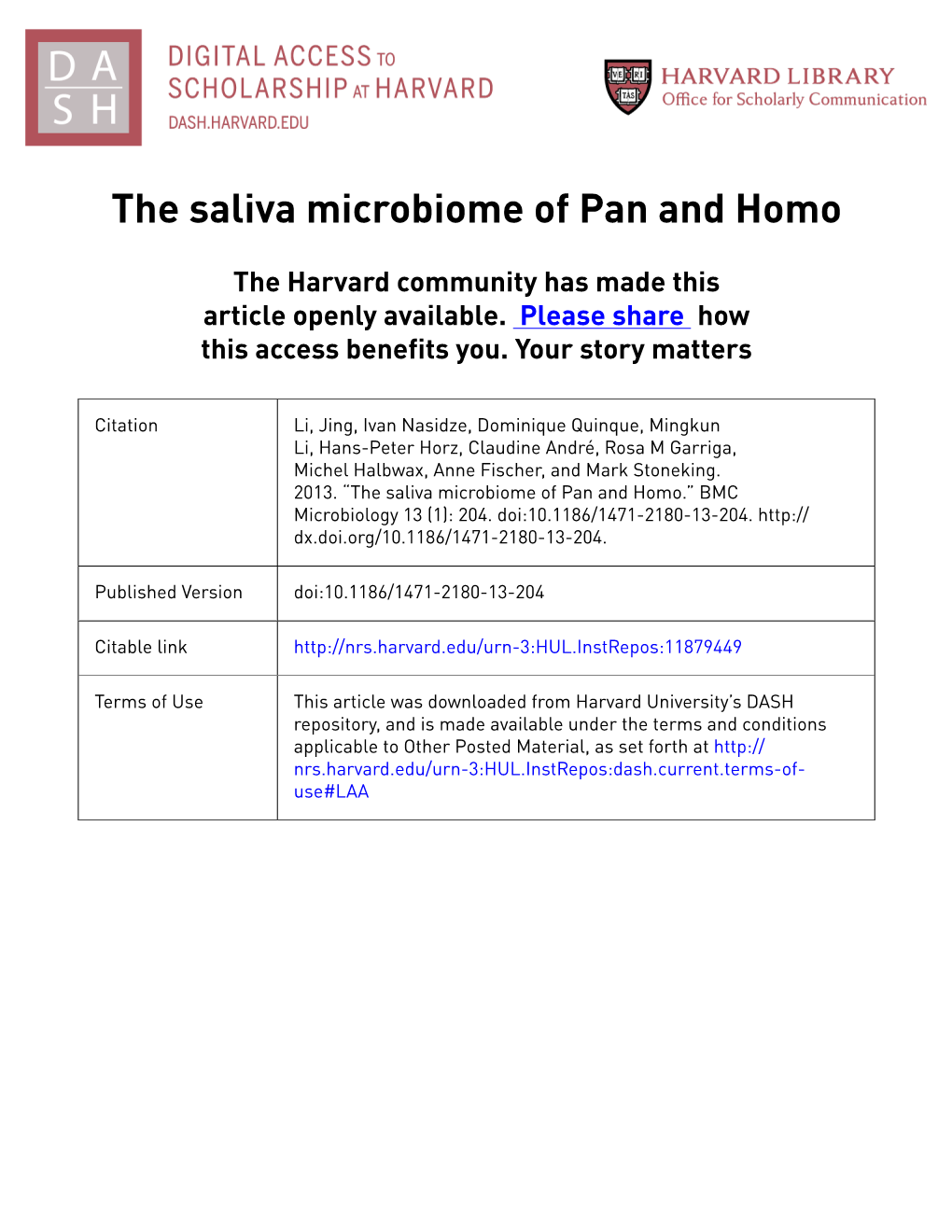 The Saliva Microbiome of Pan and Homo