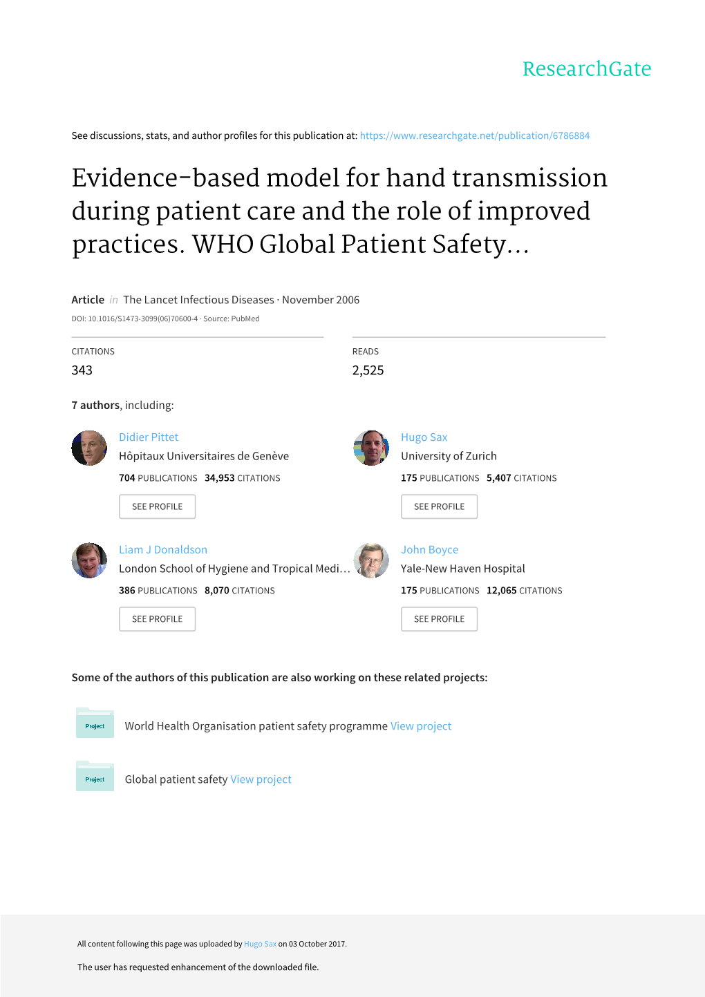 Evidence-Based Model for Hand Transmission During Patient Care and the Role of Improved Practices. WHO Global Patient Safety