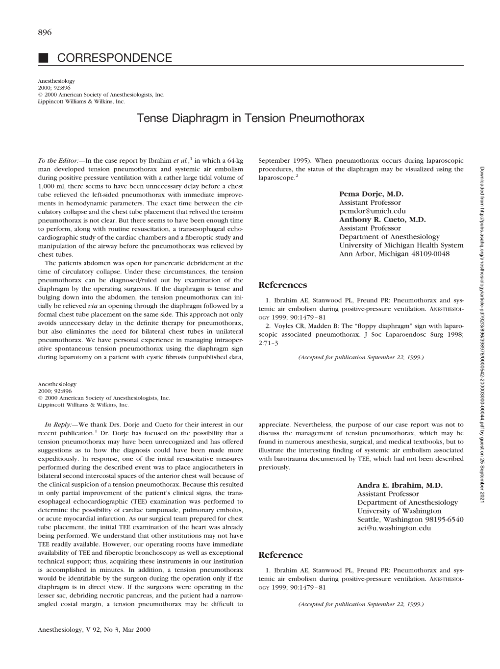 CORRESPONDENCE Tense Diaphragm in Tension Pneumothorax