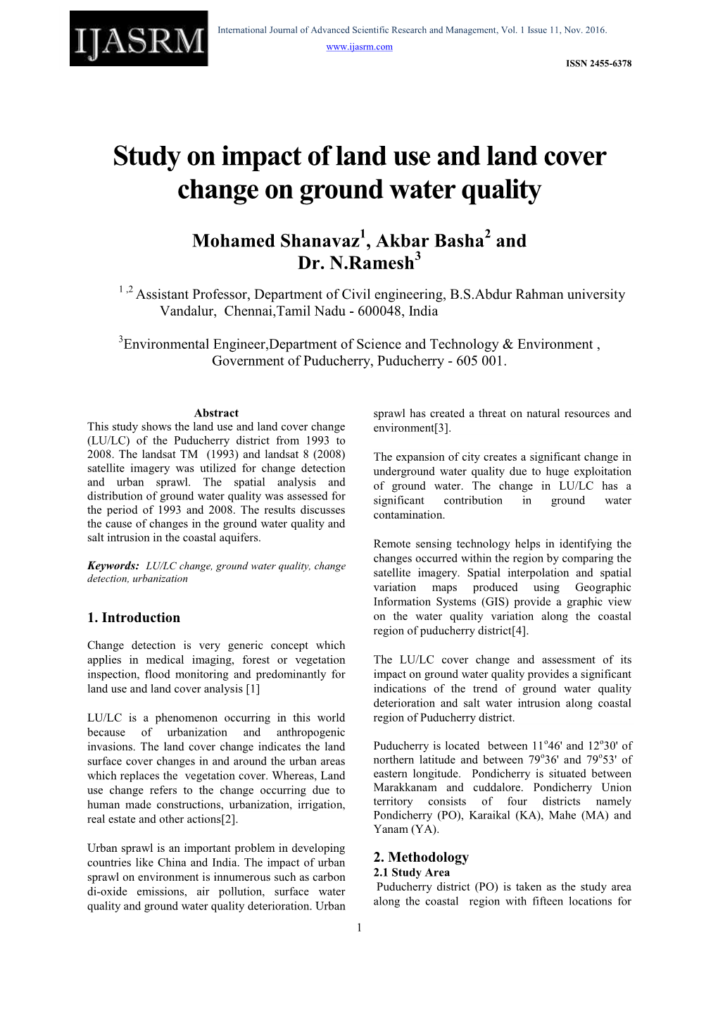 Study on Impact of Land Use and Land Cover Change on Ground Water Quality