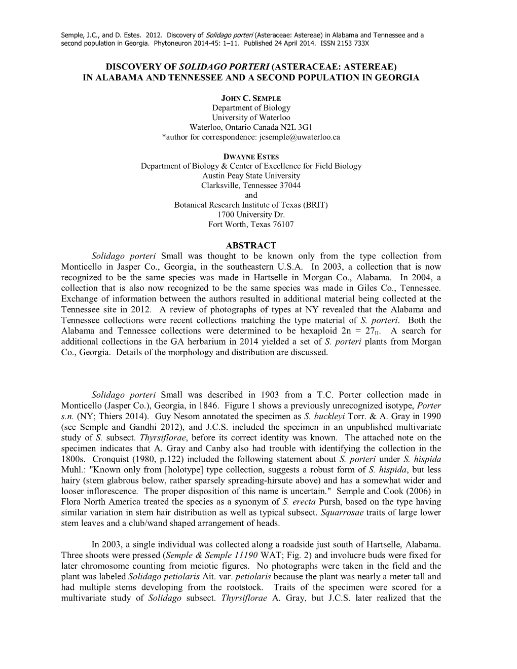 Discovery of Solidago Porteri (Asteraceae: Astereae) in Alabama and Tennessee and a Second Population in Georgia