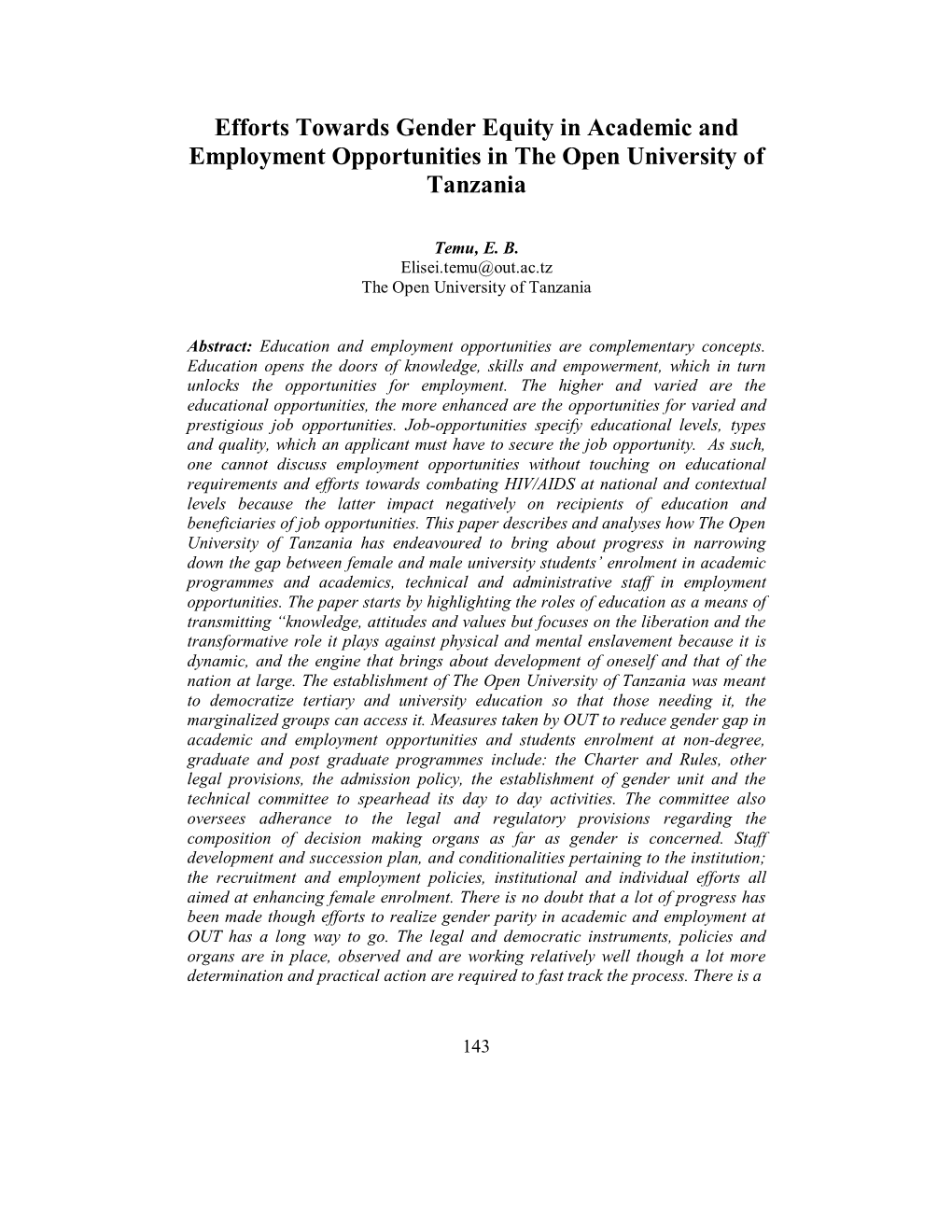 Efforts Towards Gender Equity in Academic and Employment Opportunities in the Open University of Tanzania