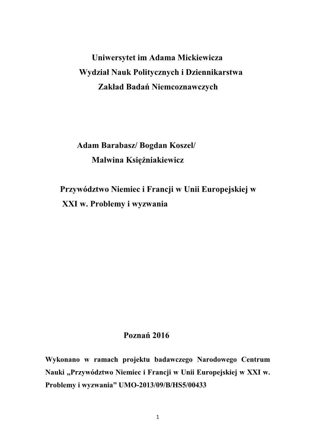 Przywództwo Niemiec I Francji W Unii Europejskiej W,XXI W..Pdf