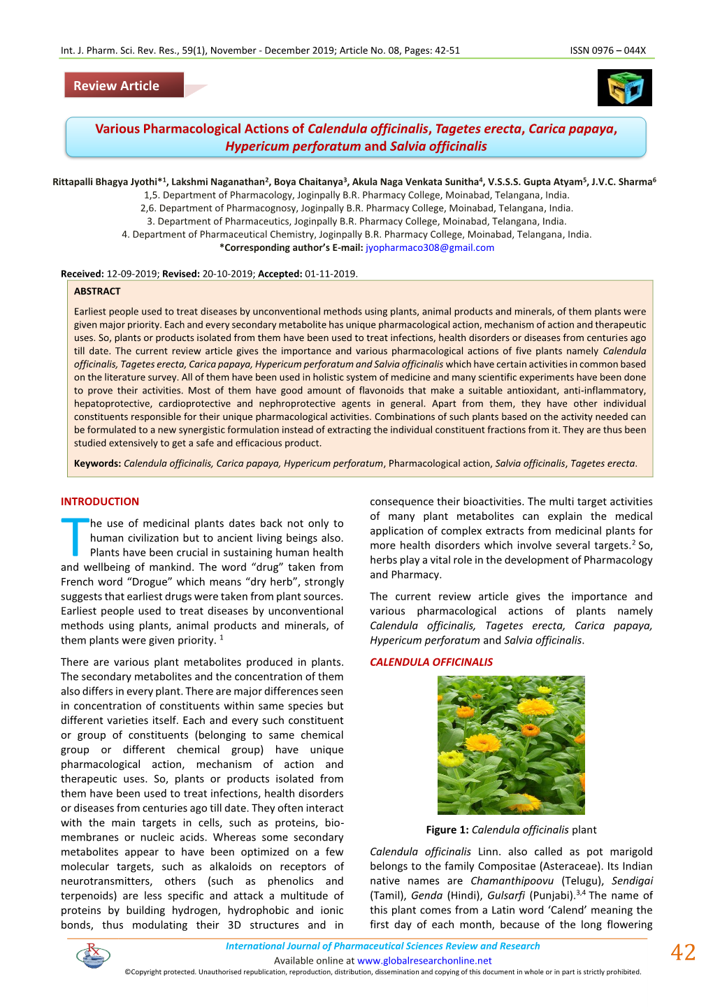 Various Pharmacological Actions of Calendula Officinalis, Tagetes Erecta, Carica Papaya, Hypericum Perforatum and Salvia Officinalis