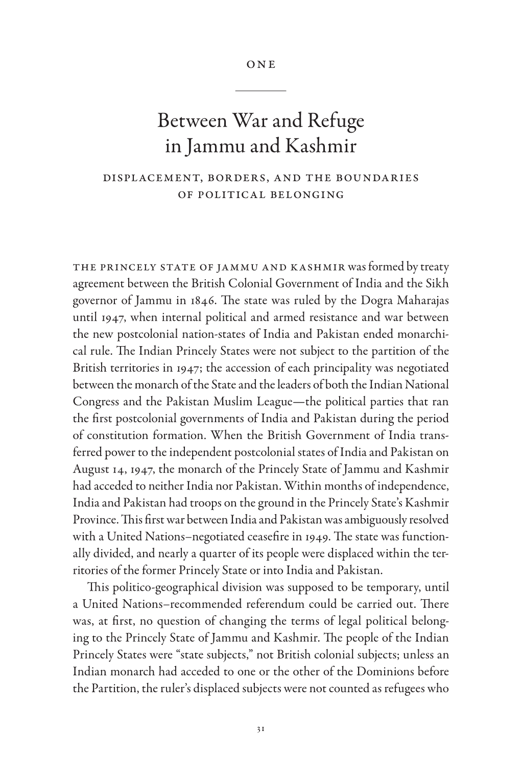 Between War and Refuge in Jammu and Kashmir Displacement, Borders, and the Boundaries of Political Belonging