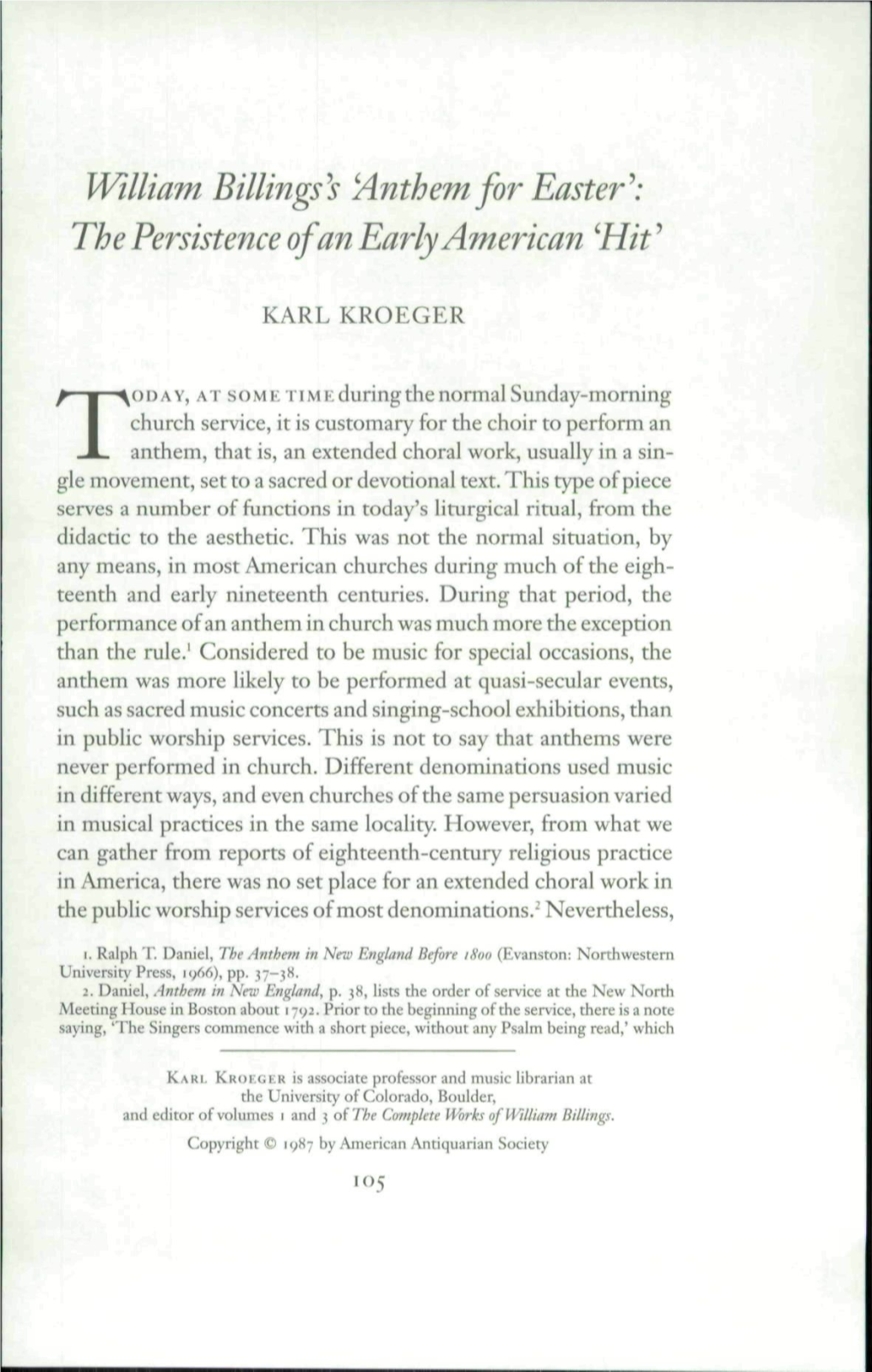 William Billings^S Hnthemfor Easter^: the Persistence of an Early American 'Hit