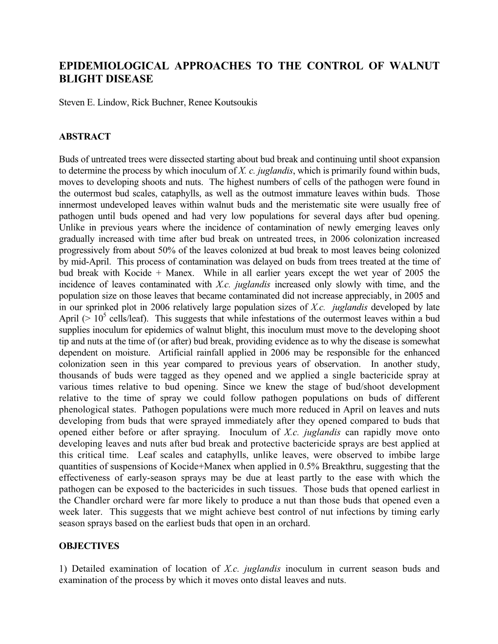 Epidemiological Approaches to the Control of Walnut Blight Disease