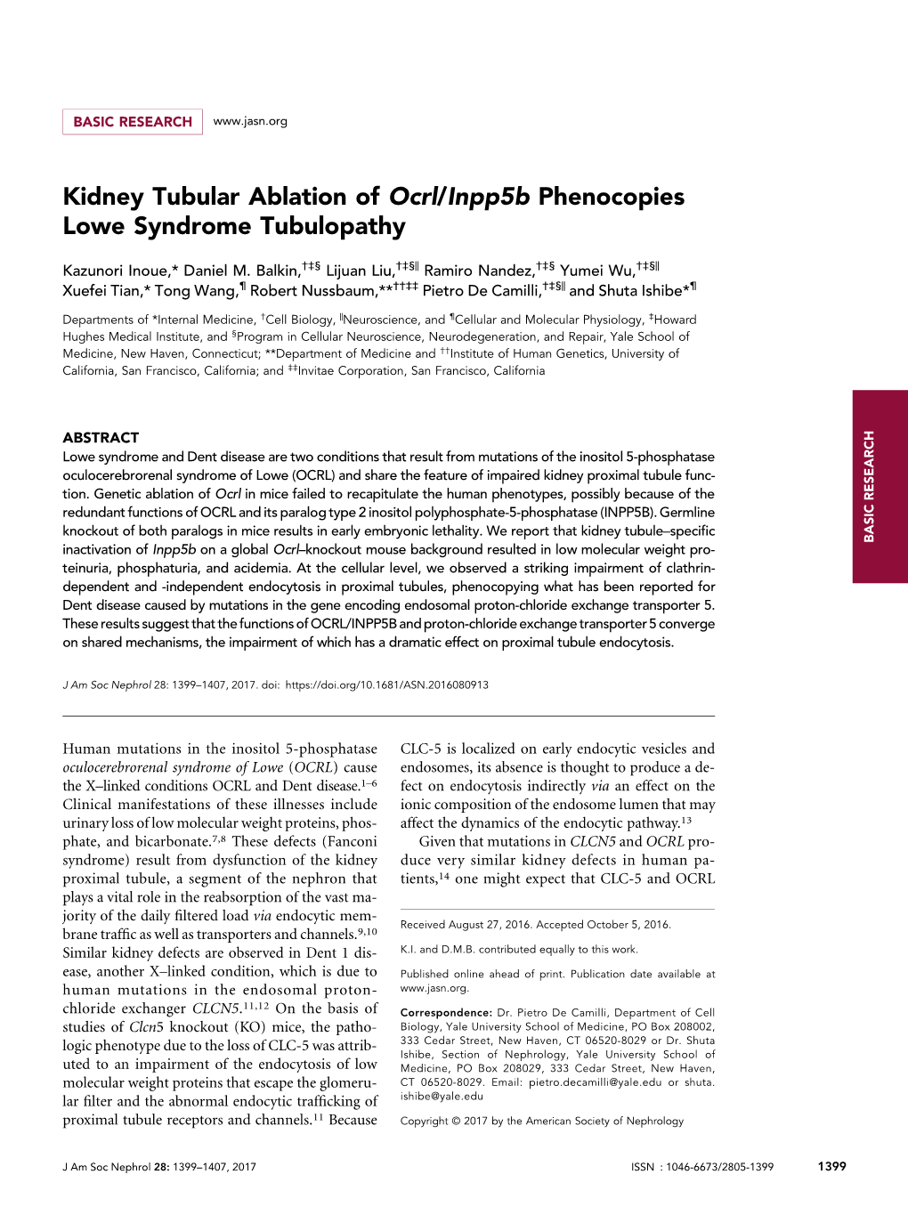 Kidney Tubular Ablation of Ocrl/Inpp5b Phenocopies Lowe Syndrome Tubulopathy