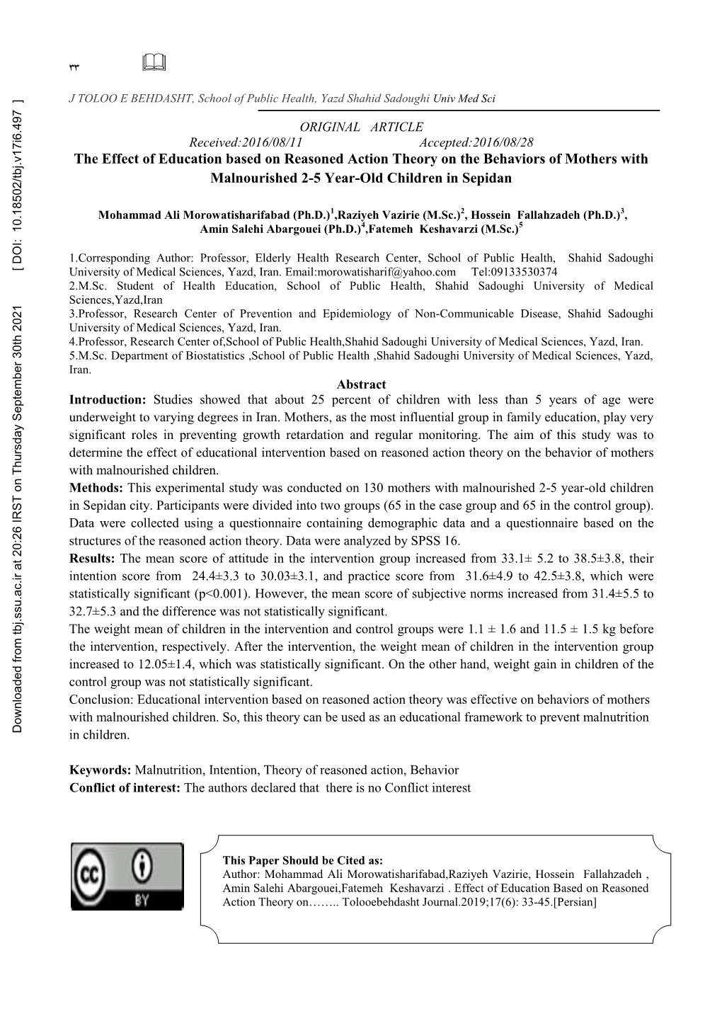 The Effect of Education Based on Reasoned Action Theory on the Behaviors of Mothers with Malnourished 2-5 Year-Old Children in Sepidan