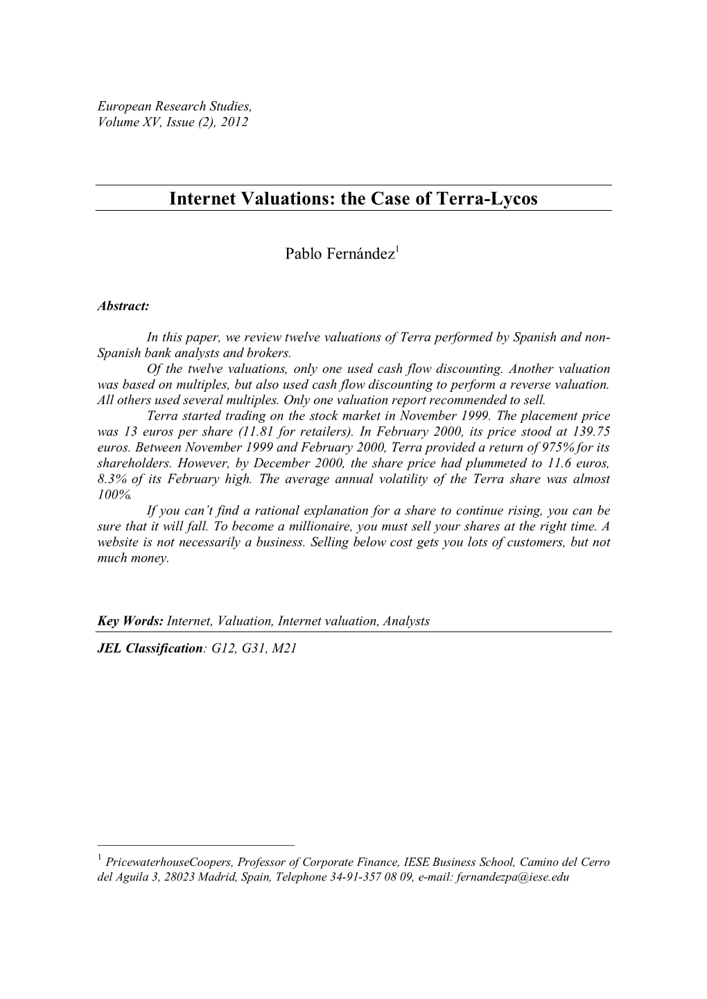 Internet Valuations: the Case of Terra-Lycos