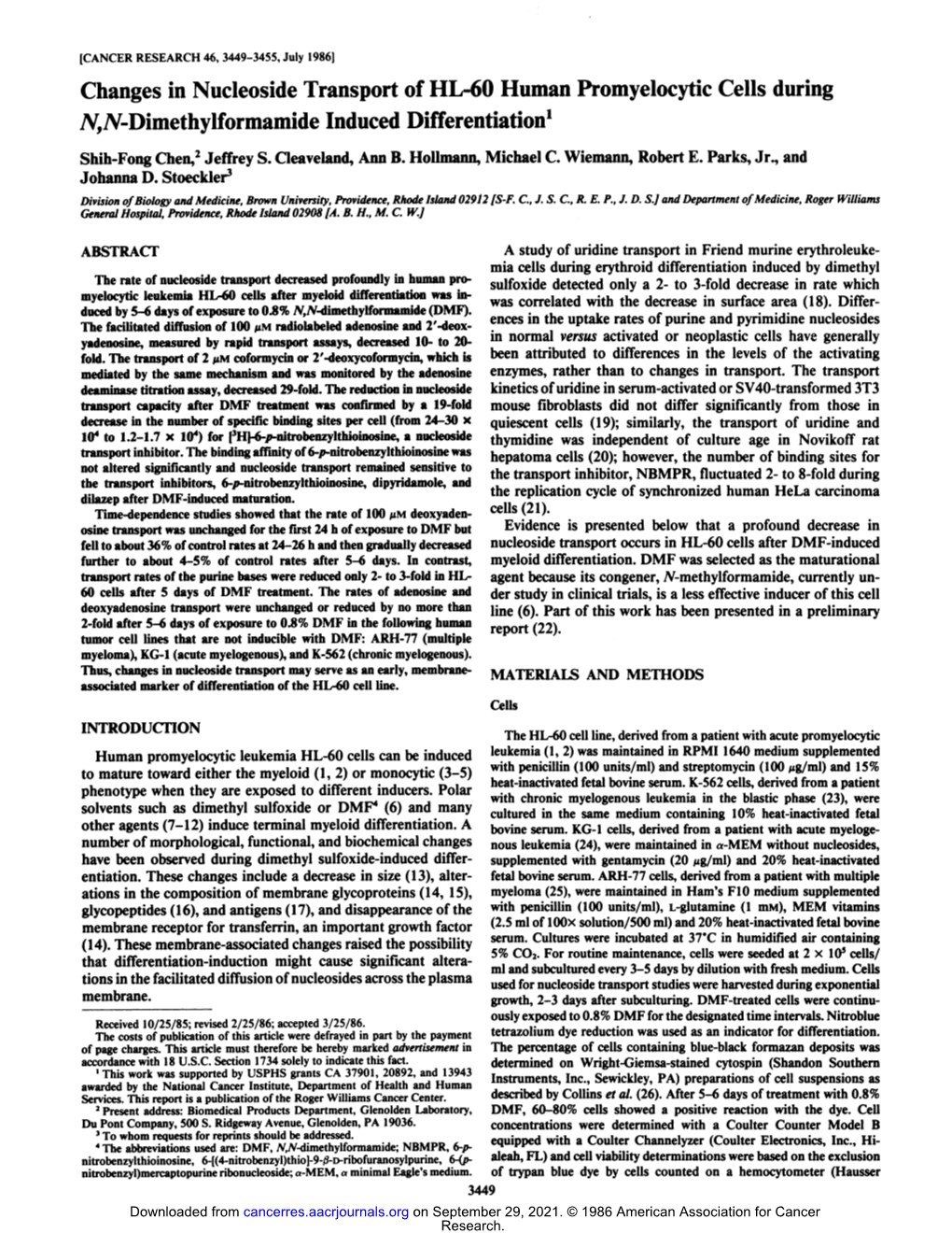 Changes in Nucleoside Transport of HL-60 Human Promyelocytic Cells During Tvjaf-Dimethylformamide Induced Differentiation1