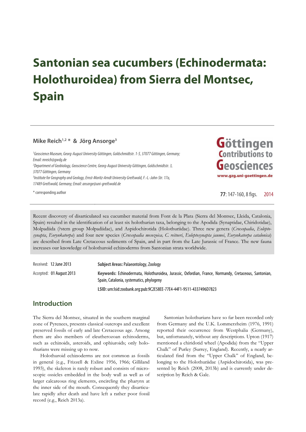 Santonian Sea Cucumbers (Echinodermata: Holothuroidea) from Sierra Del Montsec, Spain