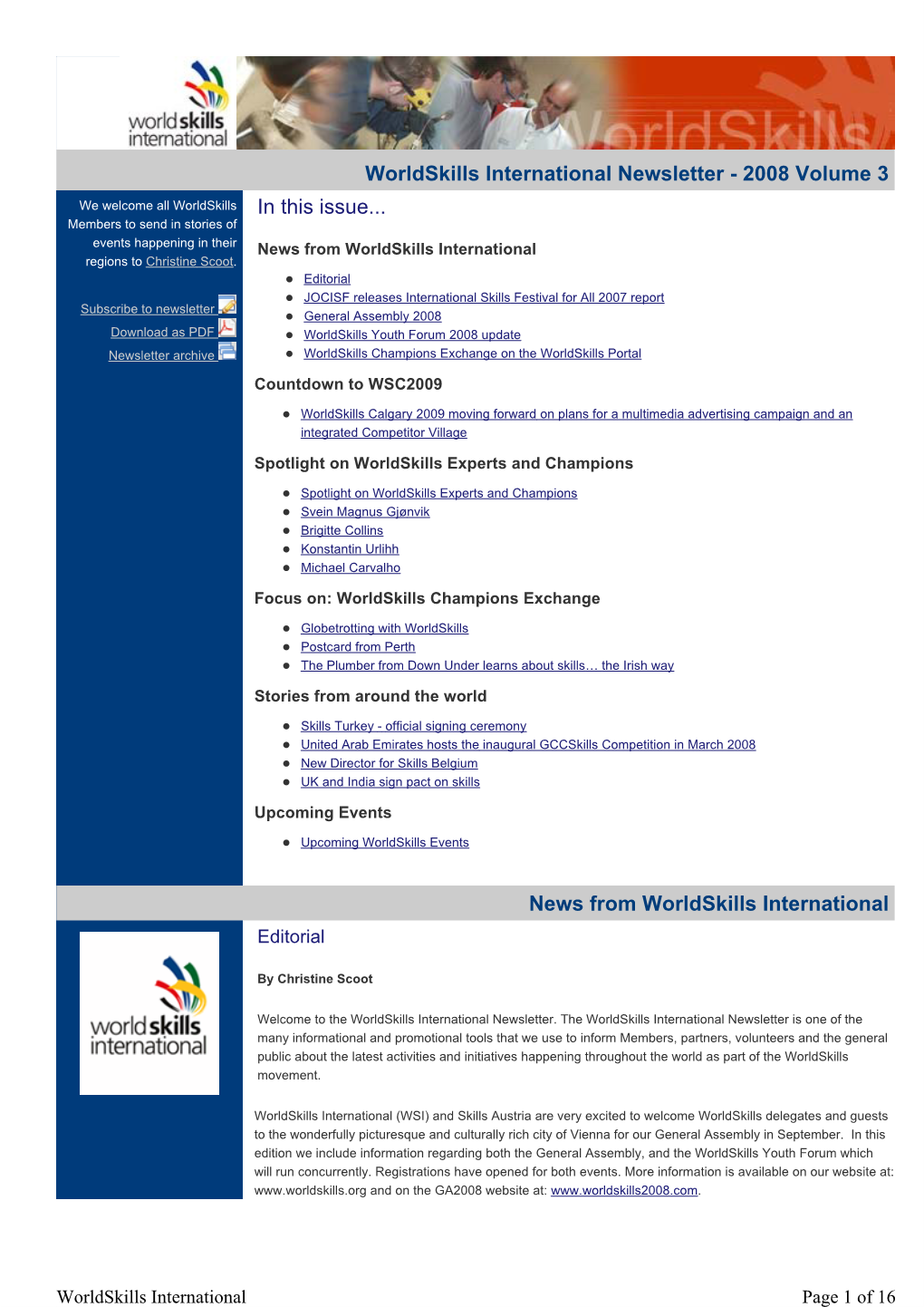 Worldskills International Newsletter - 2008 Volume 3 We Welcome All Worldskills in This Issue