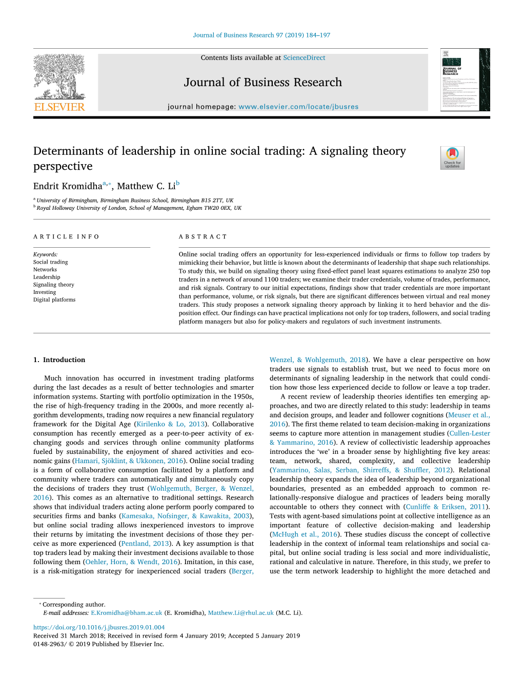 Determinants of Leadership in Online Social Trading a Signaling Theory