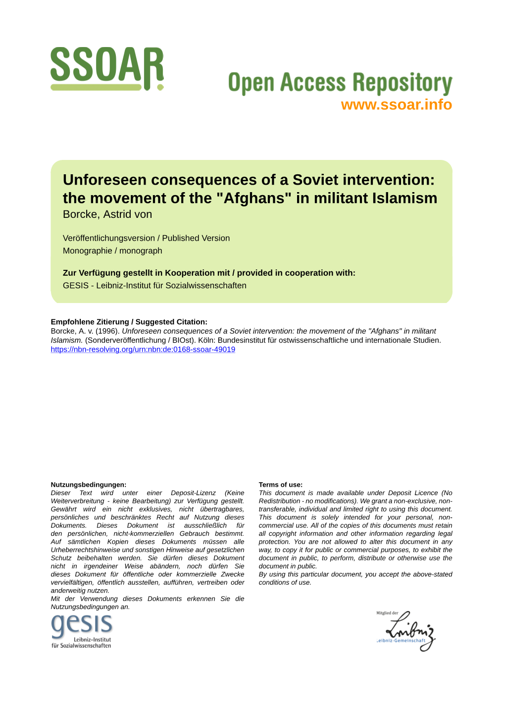 Unforeseen Consequences of a Soviet Intervention: the Movement of the "Afghans" in Militant Islamism Borcke, Astrid Von