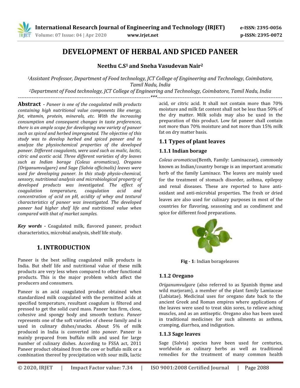 Development of Herbal and Spiced Paneer
