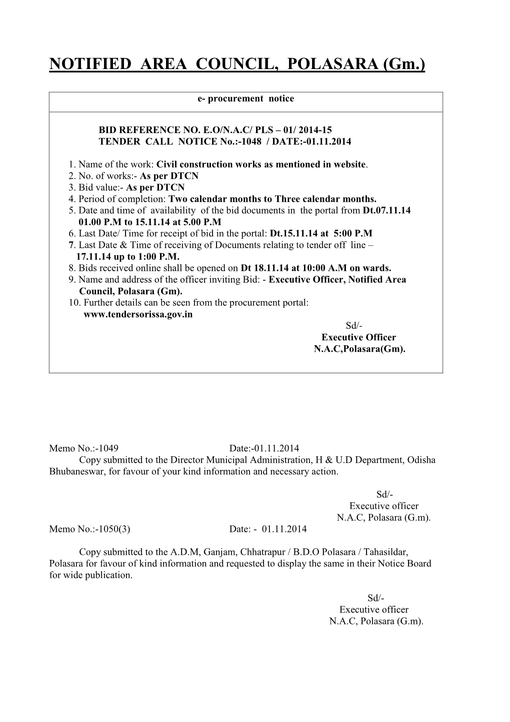 NOTIFIED AREA COUNCIL, POLASARA (Gm.)