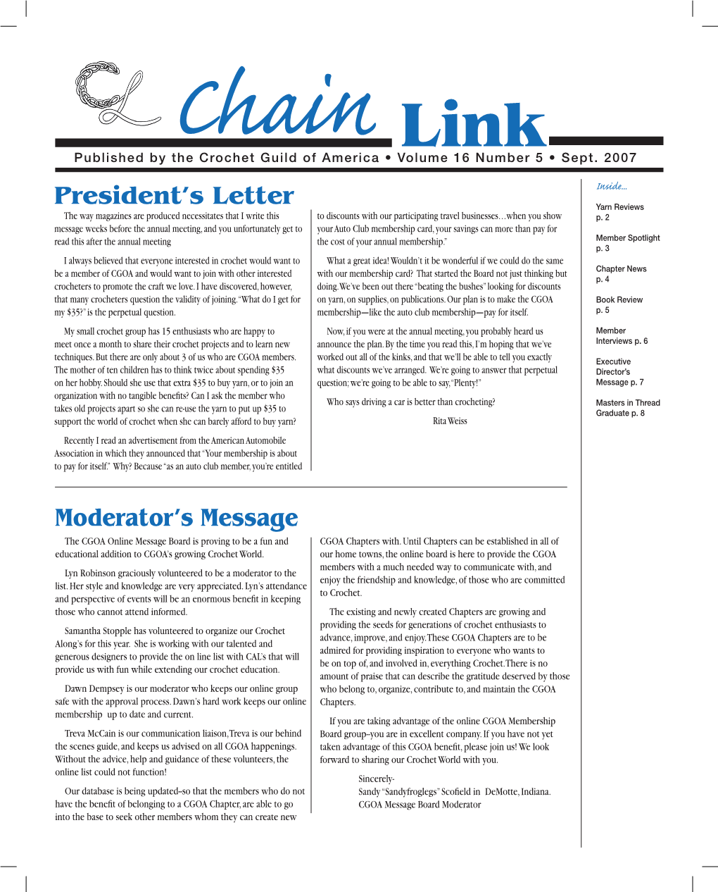 President's Letter Moderator's Message