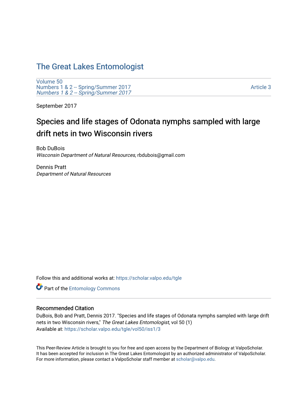 Species and Life Stages of Odonata Nymphs Sampled with Large Drift Nets in Two Wisconsin Rivers