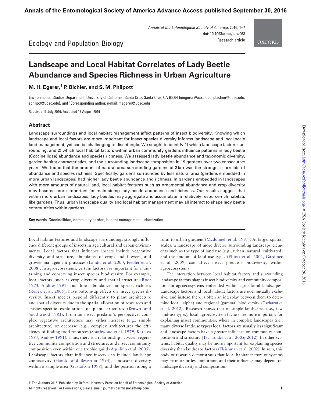 Landscape and Local Habitat Correlates of Lady Beetle Abundance and Species Richness in Urban Agriculture