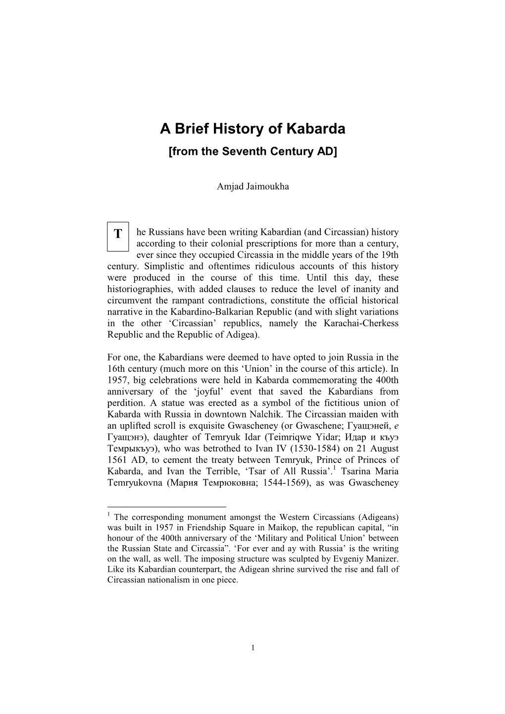 A Brief History of Kabarda