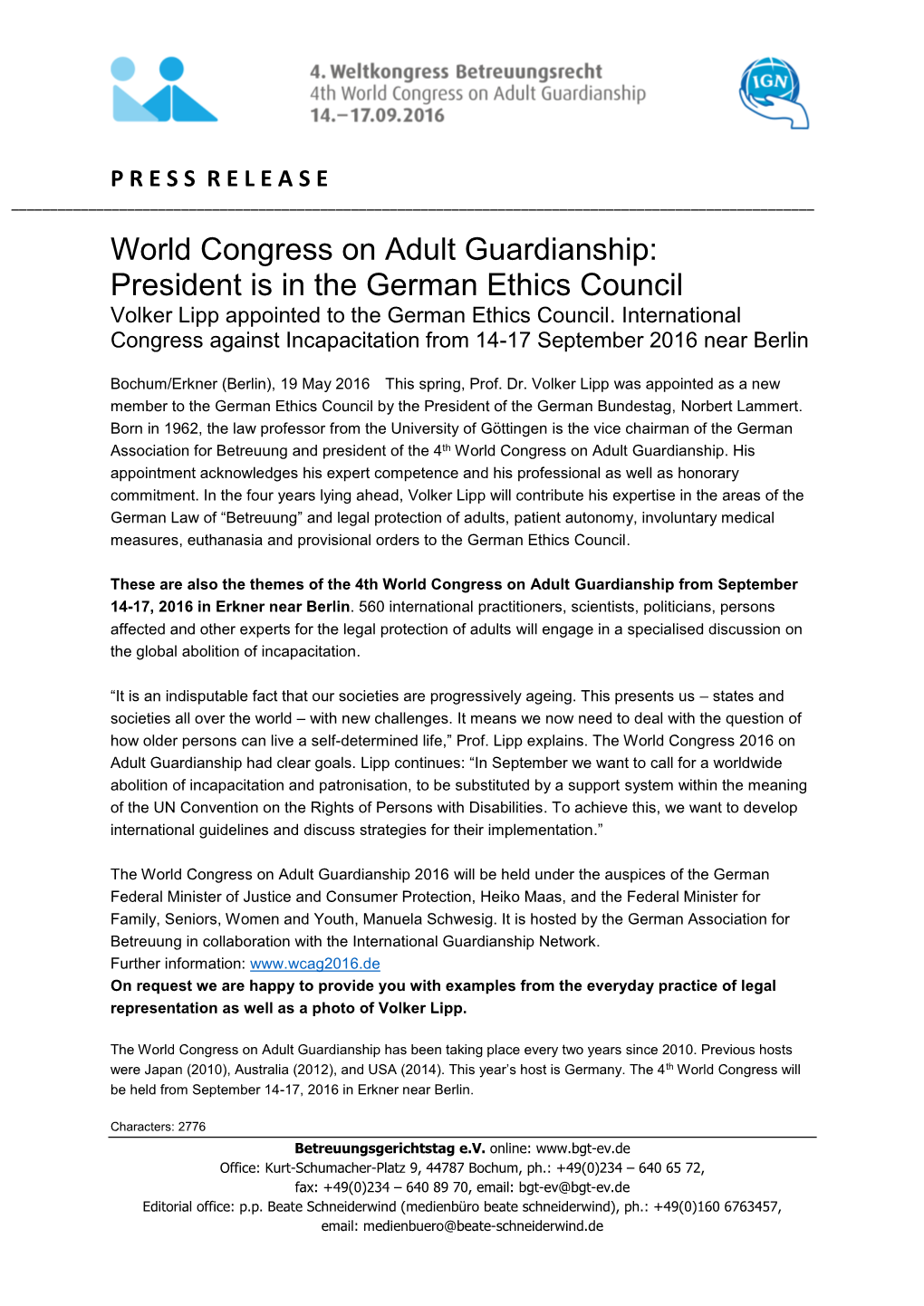 World Congress on Adult Guardianship: President Is in the German Ethics Council