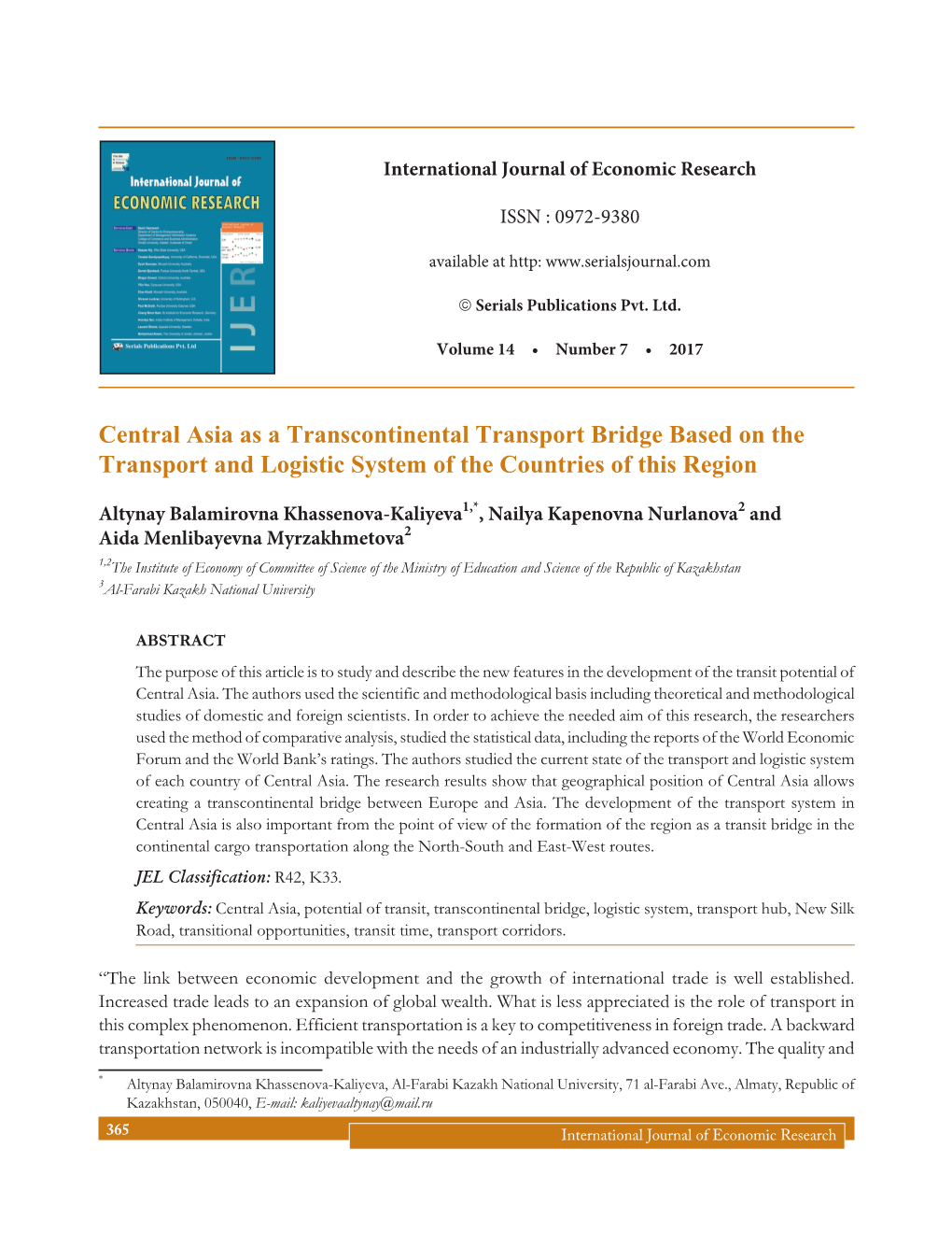 Central Asia As a Transcontinental Transport Bridge Based on the Transport and Logistic System of the Countries of This Region