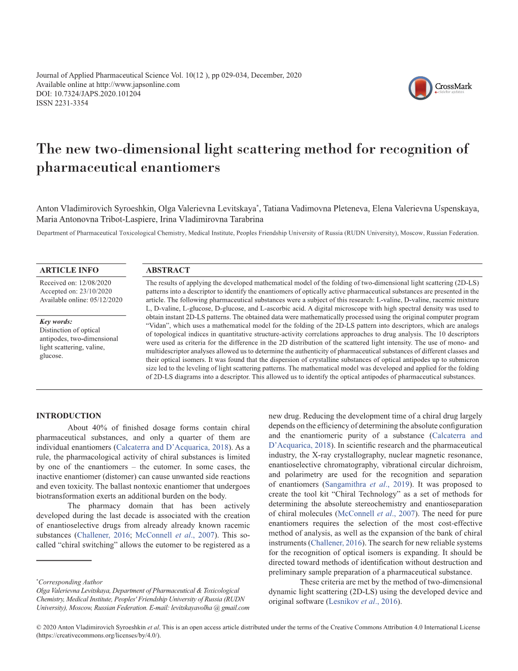 The New Two-Dimensional Light Scattering Method for Recognition of Pharmaceutical Enantiomers