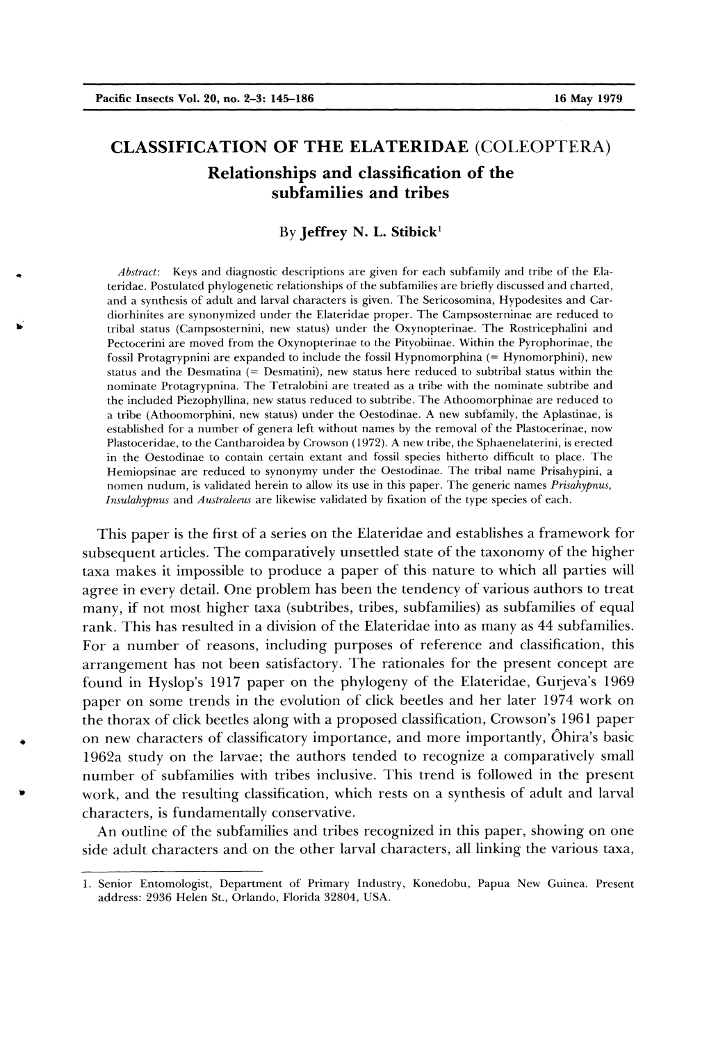 CLASSIFICATION of the ELATERIDAE (COLEOPTERA) Relationships and Classification of the Subfamilies and Tribes