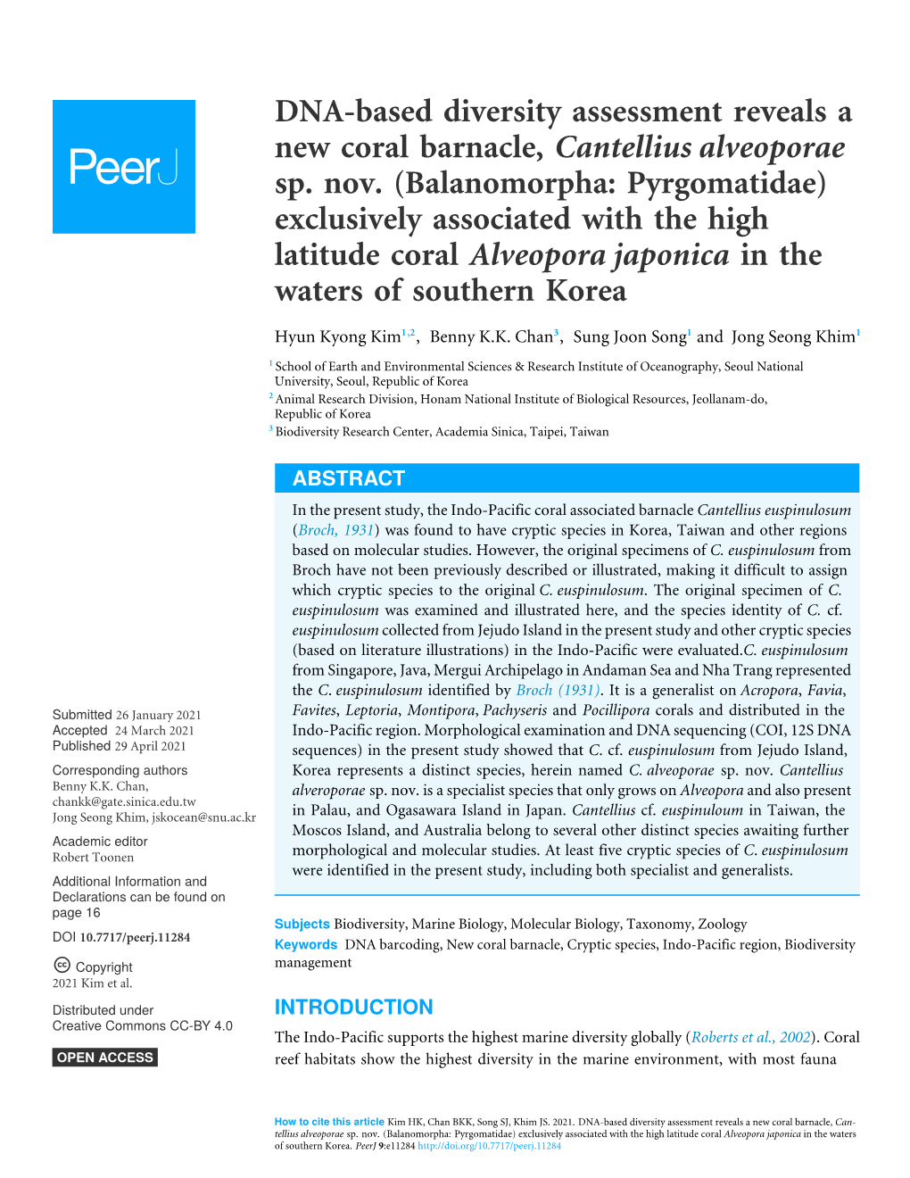 DNA-Based Diversity Assessment Reveals a New Coral Barnacle, Cantellius Alveoporae Sp