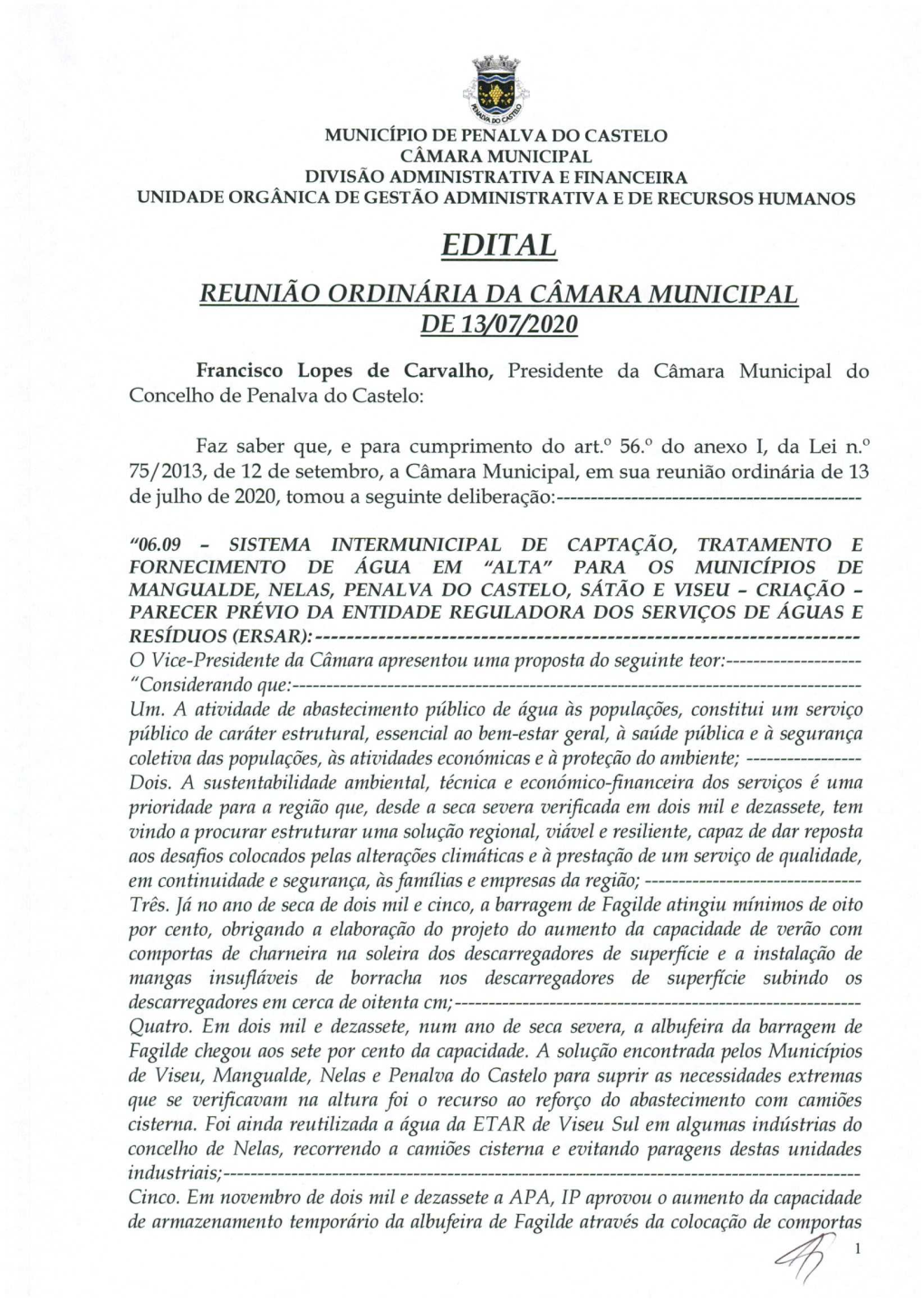 Edital Reunião Ordinária Da Gamara Municipal De 13/07/2020