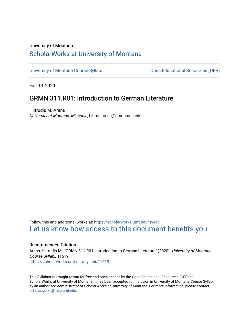 GRMN 311.R01: Introduction to German Literature