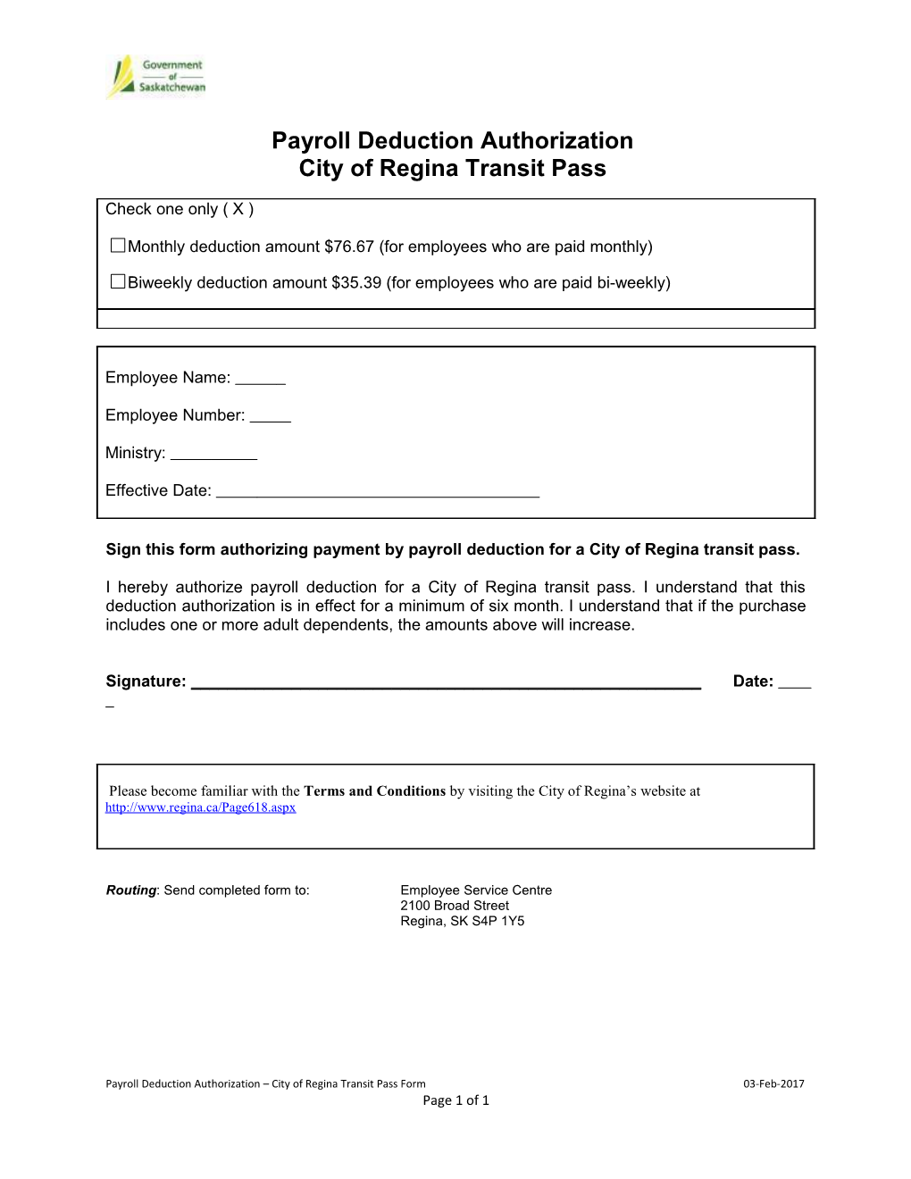 Transit Pass - City of Regina - Payroll Deduction Authorization