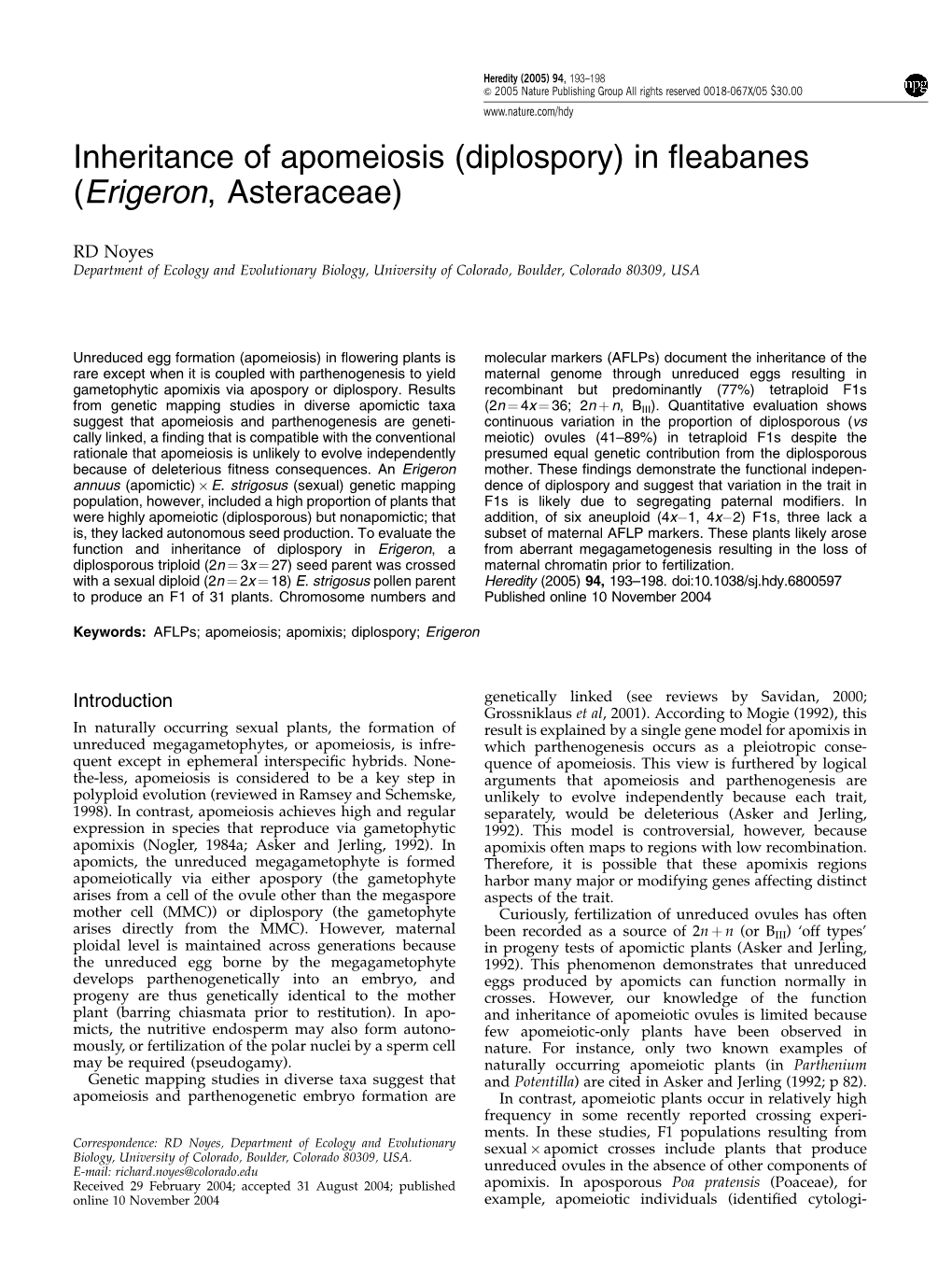 Inheritance of Apomeiosis (Diplospory) in Fleabanes (Erigeron