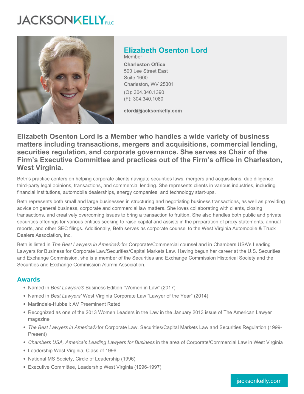 Elizabeth Osenton Lord Member Charleston Office 500 Lee Street East Suite 1600 Charleston, WV 25301 (O): 304.340.1390 (F): 304.340.1080