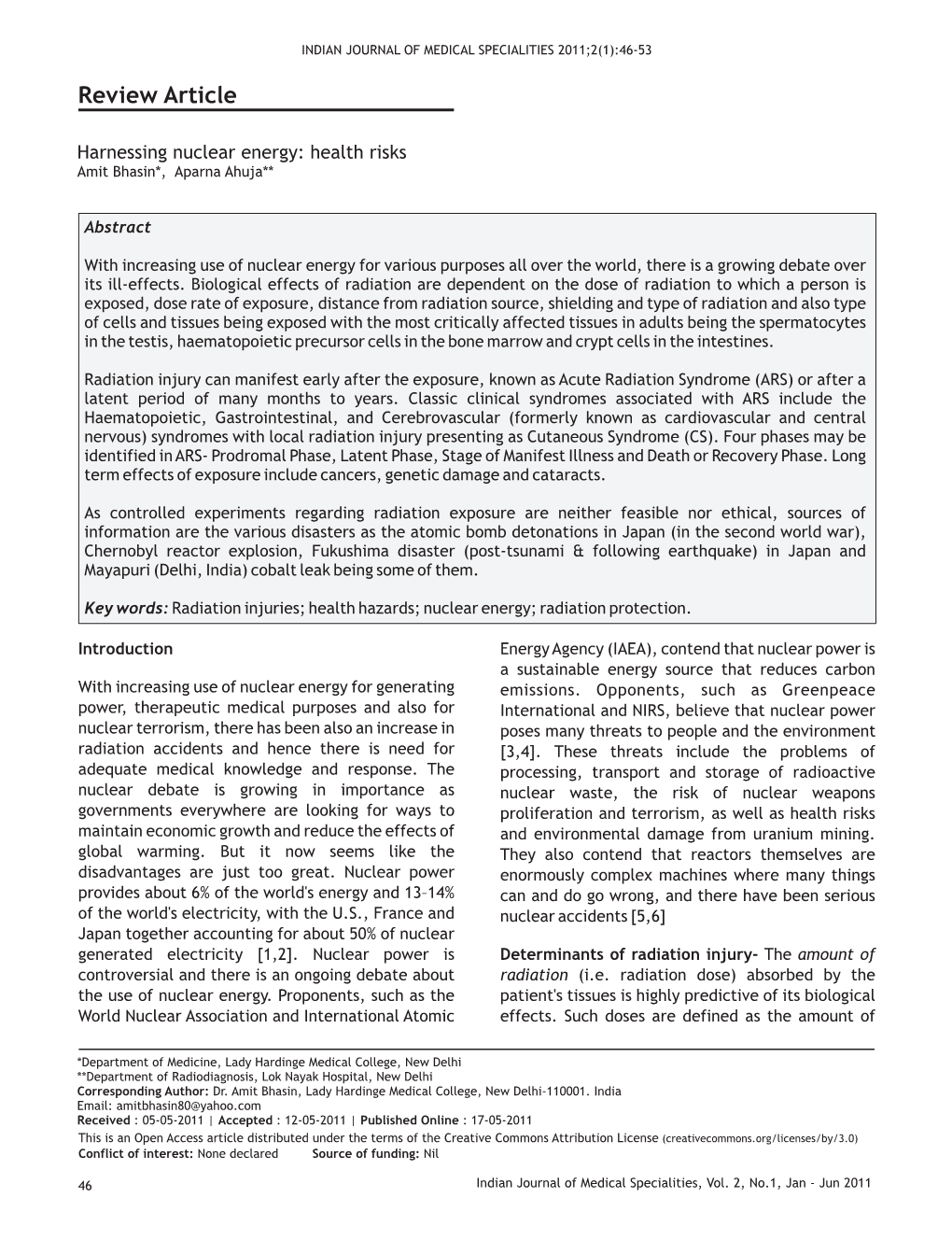 Harnessing Nuclear Energy: Health Risks Amit Bhasin*, Aparna Ahuja**