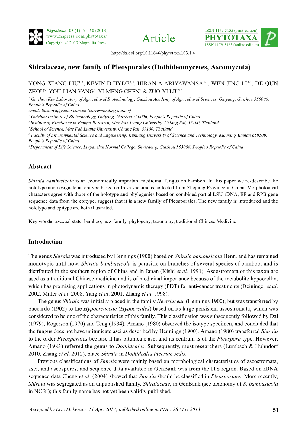 Shiraiaceae, New Family of Pleosporales (Dothideomycetes, Ascomycota)