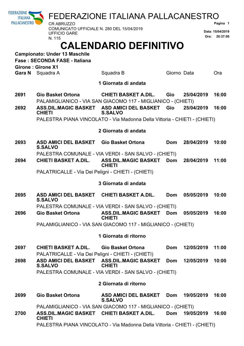 CALENDARIO DEFINITIVO Campionato: Under 13 Maschile Fase : SECONDA FASE - Italiana Girone : Girone X1 Gara N Squadra a Squadra B Giorno Data Ora