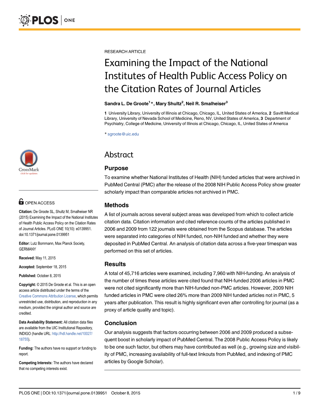 Examining the Impact of the National Institutes of Health Public Access Policy on the Citation Rates of Journal Articles