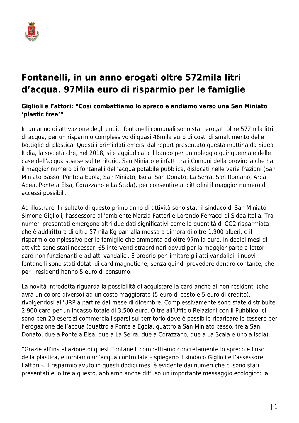 Fontanelli, in Un Anno Erogati Oltre 572Mila Litri D’Acqua