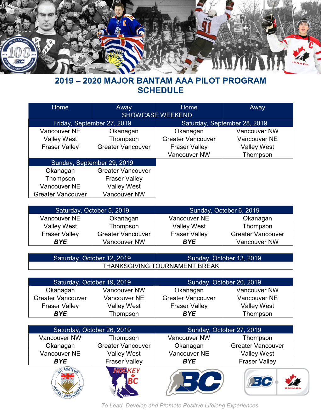 2019 – 2020 Major Bantam Aaa Pilot Program Schedule